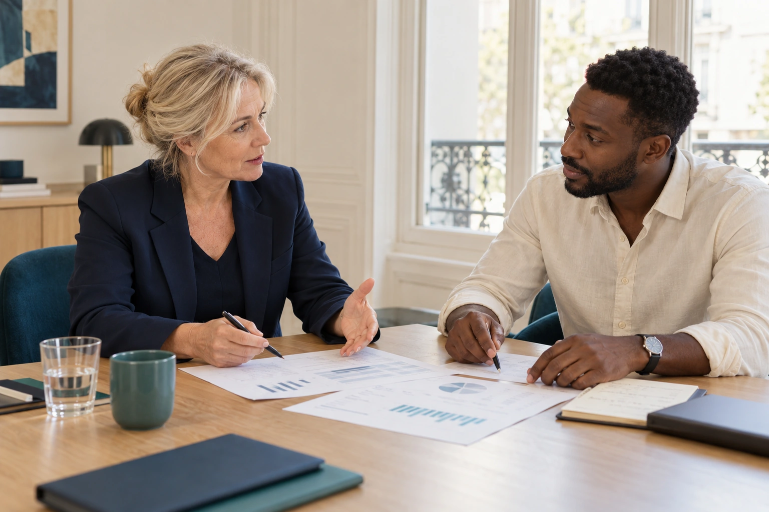 Scène illustrative : Deux professionnels discutent les conditions d’une proposition.